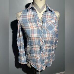 7 For All Mankind Blue and Pink Plaid Button Down Shirt